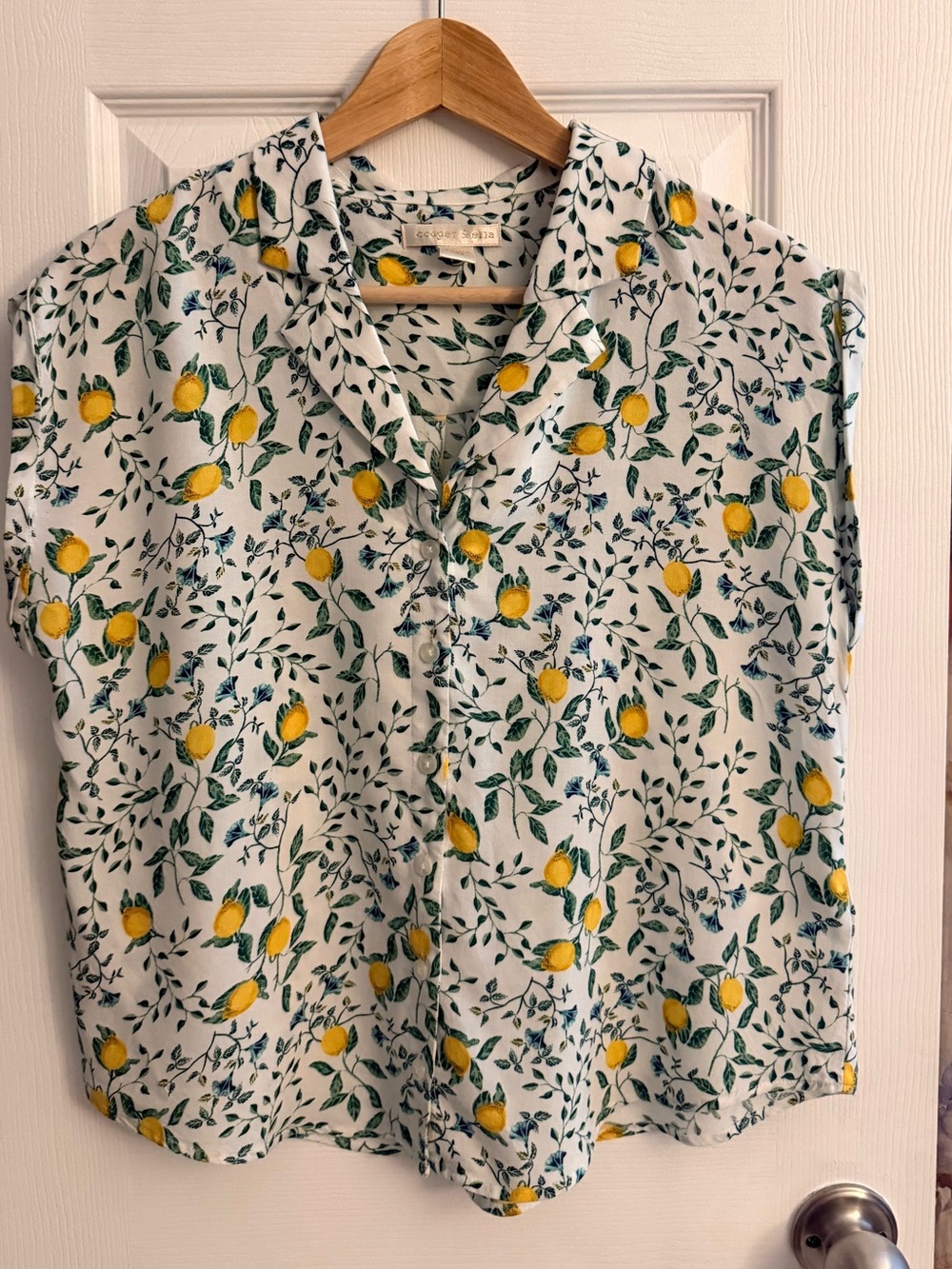cooper & ella White Lemon Print Short Sleeve Button Shirt